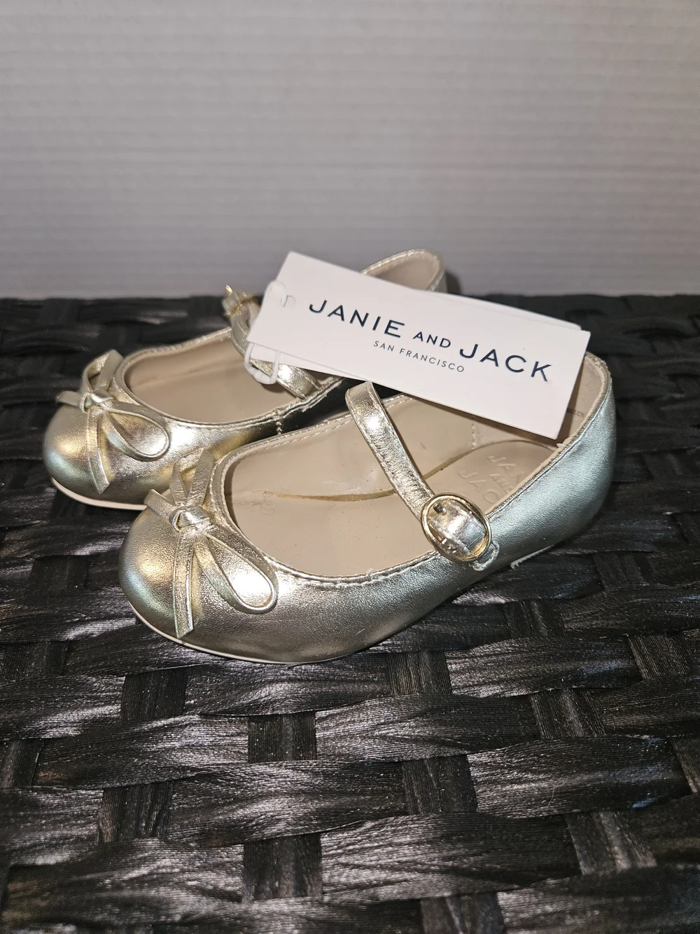 Janie and Jack Girls Metallic Gold Mary Jane Shoes with Bow Accent